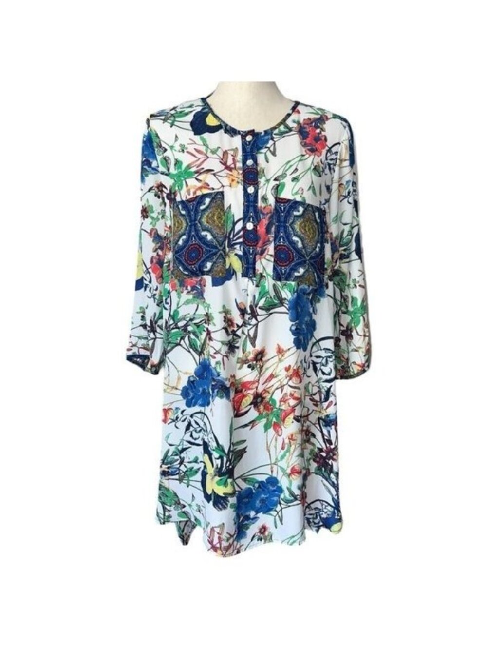 Bohemian Floral Tunic Dress Womens M/L White Blue Paisley Button Front Mid Lengt